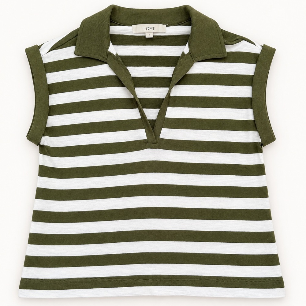 LOFT Olive Green & White Striped Sleeveless Polo Top V Neck Collared Knit Shirt